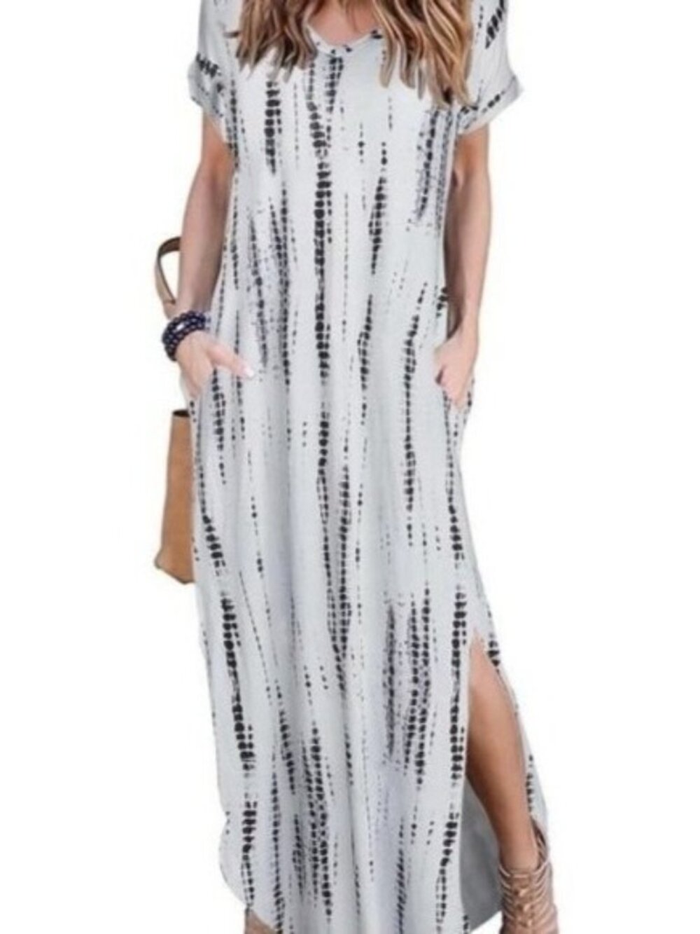 Arolina Boho Cream & Blue Abstract Short Sleeve V Neck Maxi Dress Size Small